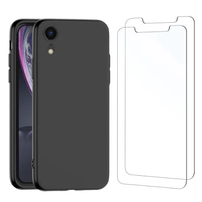 Abbildung von NEW&#039;C Hülle für iPhone XR Ultra Thin Silikon Schwarz TPU Gel und 2 x Panzer Schutz Glas Anti Scratch