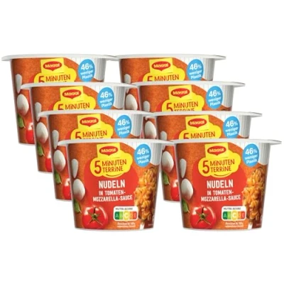 Abbildung von MAGGI 5 Minuten Terrine Nudeln in Tomaten Mozzarella Sauce, leckeres Fertiggericht, Instant Nudeln, mit Kräutern, 8er Pack (8 x 55g)