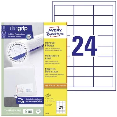 Abbildung von AVERY Zweckform 3658 Adressaufkleber (2.400 Klebeetiketten, 64,6x33,8mm auf A4, Papier matt, bedruckbare Absenderetiketten, selbstklebende Adressetiketten mit ultragrip) 100 Blatt, weiß