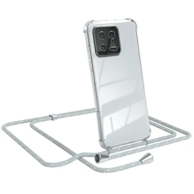 Abbildung von EAZY CASE Handy Chain kompatibel mit Xiaomi 13, Handykette Tasche transparent, Stoßfeste Soft Silikon TPU, Stylische Kette Hülle für Smartphone, Grau/Weiß Verschlüssen in Silber