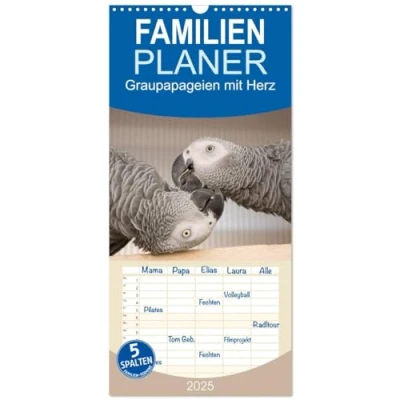 Abbildung von Familienplaner 2025 Graupapageien mit Herz 5 Spalten (Wandkalender, 21 cm x 45 cm), CALVENDO