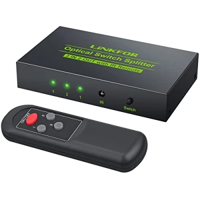 Abbildung von LiNKFOR Digital Audio Switcher 3 In 2 Out Optischer Splitter SPDIF Toslink Switch Unterstützt Dolby AC3 DTS LPCM 2.0 Fernbedienung + 2m Optische Kabel für SoundBar Kopfhörer Bluetooth