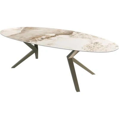 Abbildung von Esstisch Edge Oval 280x130 Keramik Minas Melange Weiß Beige Zenthara kantig Metall Effektfinish Titan