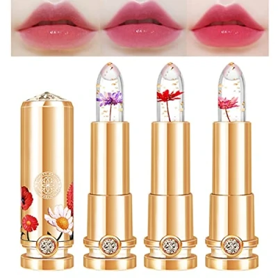 Abbildung von 3 Stück Kristall Blumengelee Lippenstift Set，Klarer floraler Lippenstift，Magische Temperatur Farbwechsel Lipgloss langanhaltend klar nahrhafte Feuchtigkeitscreme Lippenbalsam (#1+#2+#3)