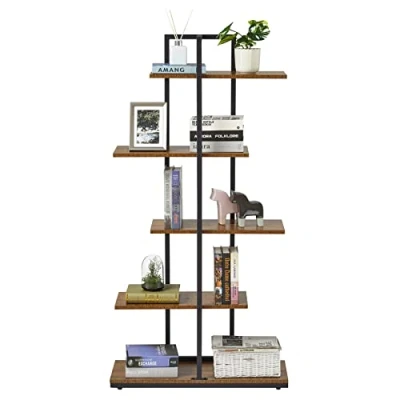Abbildung von Meerveil Bücherregal, Standregal, 5 Lagiges Asymmetrisches Split Level Lagerregal, Retro Industrie Stil Ausstellungsregal, Offene Regalebene, für Wohnzimmer Büro Schlafzimmer, 74 x 28 145 cm, Braun