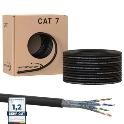 Abbildung von RedStar24 50m Cat7 Erdkabel Verlegekabel Outdoor Lan Kabel Installationskabel Schwarz AWG23/1 CAT 7 S/FTP Ethernet Netzwerk 1000MHz geschirmtes Datenkabel Netzwerkkabel für Außenbereich UV beständig
