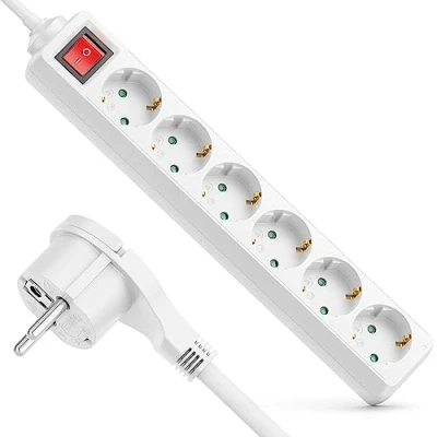 Abbildung von deleyCON 6 Fach Steckdosenleiste mit Flachstecker &amp; EIN/AUS Schalter Mehrfachsteckdose Stromleiste für Innenbereich 3,0 m Kabel Flachkontakt Stecker Robustes Kunststoffgehäuse Weiß