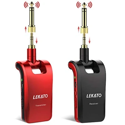 Abbildung von LEKATO Stereo 2.4Ghz Wireless Guitar Transmitter Empfänger mit 1/4 &amp; 1/8 Steckern für Mono/Stereo Sound Instrumente Wiederaufladbares kabelloses Gitarrensystem Gitarren,Bass,Keyboards