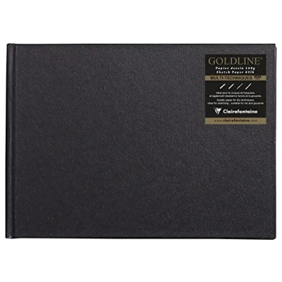 Abbildung von Clairefontaine Ref. 34246C Goldline Kastenblock (64 weiße Blätter) A5 Größe (210 x 148 mm), 140 g/m² Papier, Querformat schwarzer Einband geeignet für Trockentechniken
