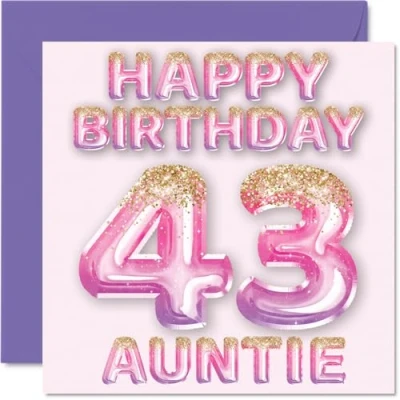 Abbildung von Stuff4 Geburtstagskarte zum 43. Geburtstag für Tante rosa &amp; lila Glitzerballons Happy Birthday Karten 43 Jahre alte von Neffe Nichte, 145 mm x