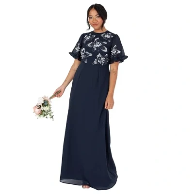 Abbildung von Maya Deluxe Damen Women&#039;s Maxi Dress Ladies Short Angel Sleeve Round Neck Floral Sequin Embellished A line for Wedding Guest Ball Gown Kleid, Navy Blue,