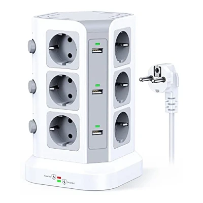 Abbildung von KOOSLA 12 Fach Steckdosenleiste (4000W/16A), 6 USB Mehrfachsteckdose mit Überspannungsschutz, einzeln schaltbarer Steckdosenturm für Büro Küche Tisch, 2M Kabel, Weiß