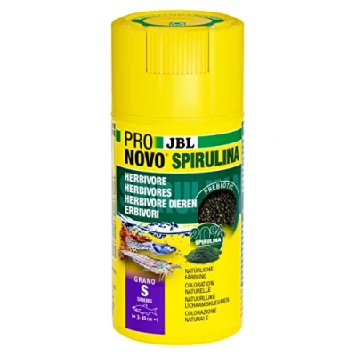 Abbildung von JBL PRONOVO SPIRULINA GRANO, Grünfuttergranulat für alle Aquarienfische und Garnelen von 3 10 cm, Fischfutter Granulat, Klickdosierer, Größe S, 100 ml