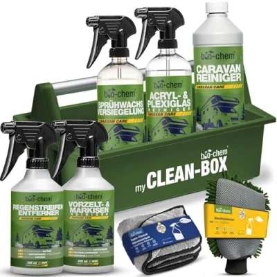 Abbildung von bio chem Caravan &amp; WoMo Außenpflege Premium Set 8 teilig Profi Außenreiniger Pflegemittel für GFK, Acrylglas, Alu Kunststoff an Wohnmobil, Wohnwagen Inkl. Mikrofasertuch 2 in 1 Schwamm