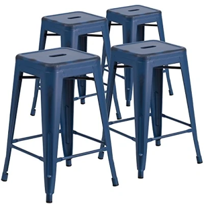 Abbildung von Flash Furniture Commercial Grade 4 Pack 61 cm hoch rückenfrei Metall Innen und Außenbereich Thekenhöhe Hocker, Kunststoff, Eisen, Antikblau, Stück