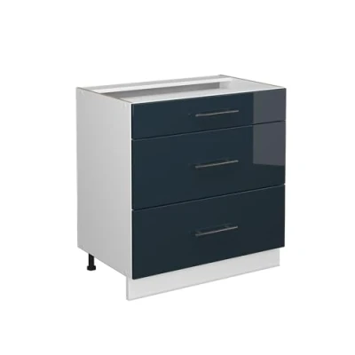 Abbildung von Vicco Küchenunterschrank Fame Line, Dunkelblau Hochglanz/Weiß, 80 cm mit 3 Schubladen, ohne Arbeitsplatte