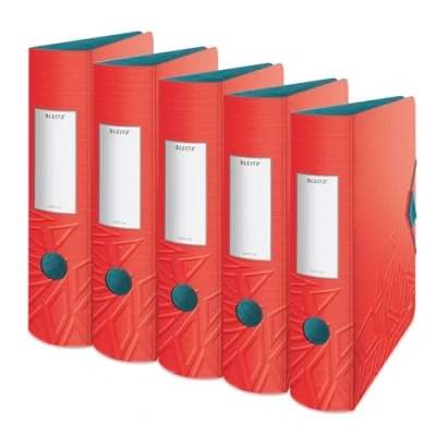 Abbildung von Leitz Qualitäts Ordner 180 Active, 5er Pack, A4, breit, Abgerundeter Rücken, 8,2 cm Gummibandverschluss, Leichtes Polyfoam, Plastik Ordner, Urban Chic Serie, Rot, 11160020