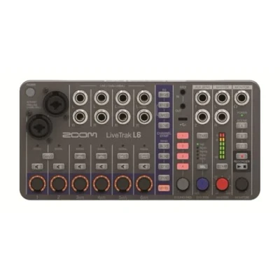Abbildung von Zoom LiveTrak L 6 (EU Version) Tragbares 10 Spur Digital Mischpult, Multitrack Recorder und Interface, XLR/TRS, 32 bit, Delay, Echo, Reverb, Kompressor, Live streaming, grau