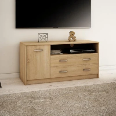 Abbildung von Home Collective TV Schrank 110cm breit Lowboard mit matter Oberfläche Fernsehtisch 1 Tür (abgerundete Kante und Metall Rollschienen Fernsehkommode) 2 Schubladen Regalen aus laminiertem Board sonoma