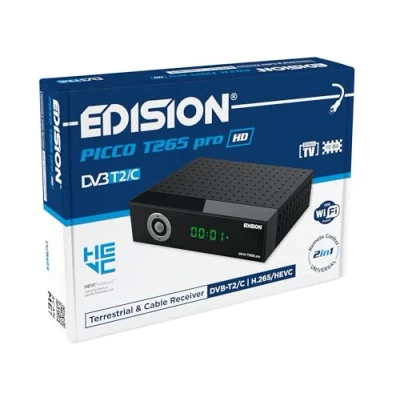Abbildung von EDISION Picco T265 pro HD Terrestrischer &amp; Kabel Receiver DVB T2/C H.265 HEVC FTA Full HD, PVR, USB, HDMI, SCART, S/PDIF, IR Auge, USB WiFi Support, Universal 2in1 Fernbedieung, Netzteil