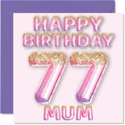 Abbildung von Stuff4 Geburtstagskarte zum 77. Geburtstag für Mama rosa &amp; lila Glitzerballons Happy Birthday Karten 77 Jahre alte Mutter, Mutter vom Sohn, Tochter, 145 mm x