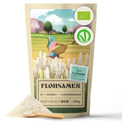 Abbildung von NaturaleBio Flohsamenschalen, 99% Reinheit, 400g natürliche Psyllium Samenschalen, Naturbelassen, rein, Ballaststoffreich, Vegan, Zum Auflösen in Wasser, Getränken und Säften.