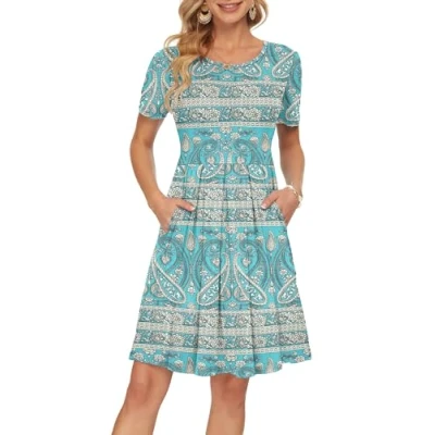 Abbildung von AUSELILY Damen Kurzarm Kleid Grüne teilen blumenPlissee Loose Swing Freizeitkleid mit Taschen Boho Floral Grün L
