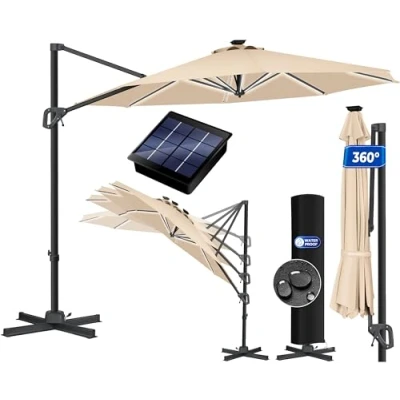 Abbildung von KESSER® Sonnenschirm Ampelschirm Sun Rund XL LED Solar Ø330 cm Inkl. Abdeckung + Windsicherung 7 Fach Verstellbar Neigbar Kippbar Groß 360 Drehbar Gartenschirm mit Kurbel Sonnenschutz UV50+ Beige