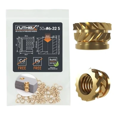 Abbildung von ruthex #6 32 SHORT Gewindeeinsatz Zoll (UNC) 50 Stück RX 6 32x3.8 Gewindebuchsen aus Messing stabile Einpressmutter durch Wärme in 3D Druck Teile Kunststoff einsetzbar