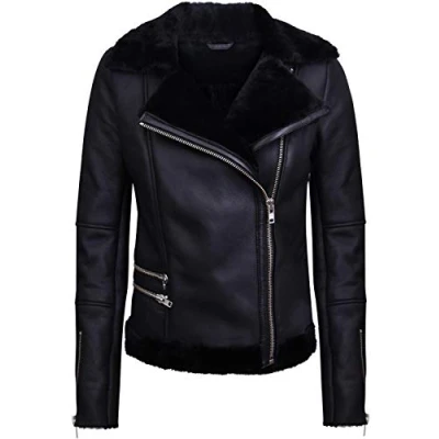 Abbildung von Infinity Leather Schwarze Lammfell Bikerjacke Aus Lammleder für Damen L