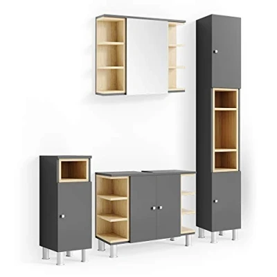 Abbildung von Vicco Badmöbel Set Aquis, Anthrazit/Eiche, 4 Teile, (4 er Set, St., Badschrank,Spiegelschrank,Waschtischunterschrank,Midischrank)
