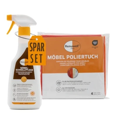 Abbildung von Renuwell Möbel Schnellpflege (500 ml) &amp; Poliertuch (1 Stück) Effektive Reinigung, Pflege Politur für Holz, Kunststoff Metall