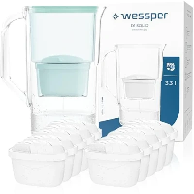 Abbildung von Wessper Wasserfilter Kanne 2,5L Aqua Max Basic, Set Wasserkanne und 10 Filter Kompatibel mit Brita Maxtra, Wasserfiltersystem Reduzierung von Kalk, Chlor Minze