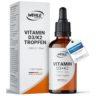 Abbildung von Vitamin D3 K2 Tropfen Hochdosiert [1000 IE] Vit D Öl 1000 IE 50ml 1700 Hoch Bioverfügbar LABORGEPRÜFT Wehle Sports®