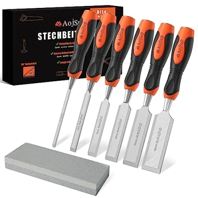 Abbildung von AojSup Stechbeitel Set für Holz 6tlg. inkl. Scharfes Stecheisen (6, 12, 19, 25, 32, 38mm) und Schleifstein, Profi Beitel Satz mit 25 Keilwinkel, Holzmeißel Robuster Metall Schlagkappe