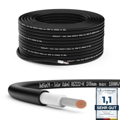 Abbildung von RedStar24 Premium Solarkabel 6mm² Schwarz 100m TÜV SÜD geprüft UV beständig, flexibel, Photovoltaik Kabel, PV Solar Anschlusskabel für Solarpanel, Wechselrichter &amp; Laderegler langlebig