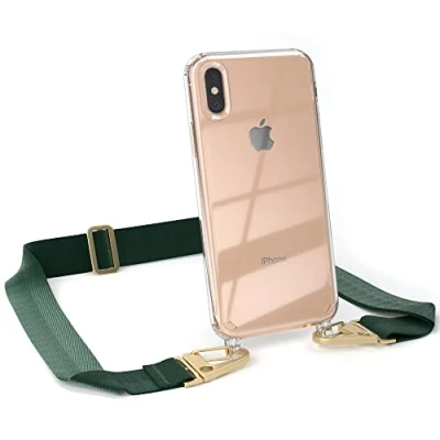 Abbildung von EAZY CASE Hülle mit Band kompatibel iPhone X/XS Handyhülle Umhängeband für Silikonhülle Transparent Schutzhülle Handykette zum Umhängen Handykordel Smartphone in Grün Gold