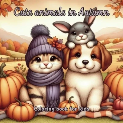 Abbildung von Cute Animals in Autumn: Coloring book for kids featuring easy and bold fall inspired designs with adorable animals, pumpkins, leaves, hats, scarves