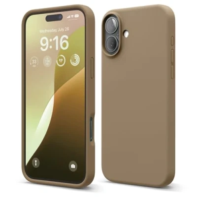 Abbildung von elago Premium Liquid Silikon Hülle Kompatibel mit iPhone 16 Plus Hülle, Ganzkörper Handyhülle, Stoßfest, Schlanke Kratzfester weicher Mikrofaser Innenfutter, 6.7 Zoll (Braun)