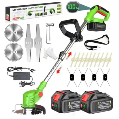 Abbildung von Rasentrimmer mit Akku 4 in 1 2X 4.0Ah Und Arten Klingen, 21V Freischneider Elektrisch 90 Schwenkbarer Kopf für Rasen Garten Beschneiden,Green