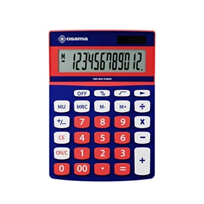 Abbildung von Osama Büro Taschenrechner Groß, mit 12 Ziffern, 3 Speichertasten und doppelter Stromversorgung Professioneller Rechner Mark up für Arbeit Universität, 3,6 x 11,5 15,5 cm, Hellblau/Orange