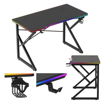Abbildung von huzaro Hero 1.7 RGB Black Gaming Schreibtisch mit LED Beleuchtung Computertisch 120x60cm Kopfhörerhaken Getränkehalter Kohlefaseroberfläche Kabeldurchführung Metallkonstruktion Schwarz