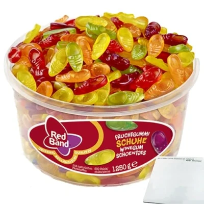 Abbildung von Red Band Fruchtgummi Schuhe (1250g Dose) + usy Block