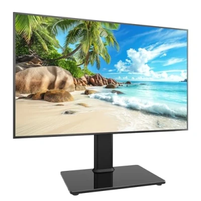 Abbildung von TV Standfuß Universal Höhenverstellbar Ständer Fernsehtisch Halterung Fernsehständer LCD LED Flachbildfernseher Stand Glas Aufsatz VESA 200x200 Tischständer/Schwarz, hält bis zu 35kgs