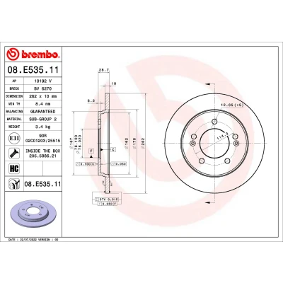 Abbildung von BREMBO 08.E535.11 Bremsscheibe 262 10 5 voll beschichtet hochgekohlt