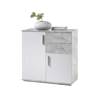 Abbildung von PREISBRECHER Kommode &gt;Freida&lt; in Weiß 80x82x35cm (BxHxT) (B/H/T 80 x 82 35 cm), aus Spanplatte, Beton / Weiß, mit 2 Türen, Schubkästen