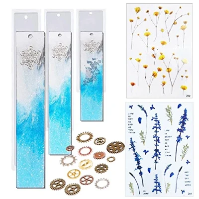 Abbildung von NA Woohome Lesezeichen Resin Silikonformn, 3 Stück Form mit 2 Blatt Trockenblumen Füllmaterial, 1 Packung Ausrüstungszubehör für DIY Bastelzubehör zum Lesen von Büchern (5)