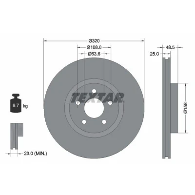 Abbildung von TEXTAR PRO+ 92149105 Bremsscheibe 320 25 05/05 108 innenbelüftet beschichtet hochgekohlt ohne Radbefestigungsbolzen, Radnabe VOLVO: V50, C30