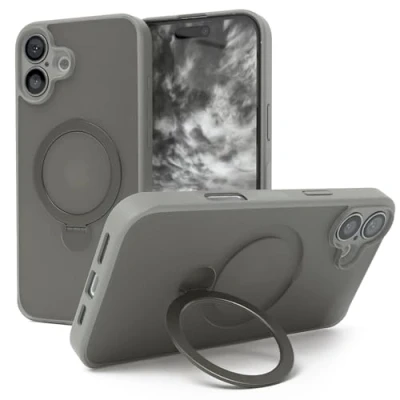 Abbildung von EAZY CASE Qi Charging Handyhülle für iPhone 16 Plus Hülle mit Ständer Matte Schutzhülle Ultra Aufprallschutz Stoßfest und Kratzfest 360 Ring zum Aufstellen Cover Grau