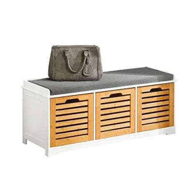 Abbildung von SoBuy FSR23 WN Moderne Schuhtruhe Sitzbank Schuhschrank mit Sitzkissen Spieltruhe Sitzkommode 3 Körben